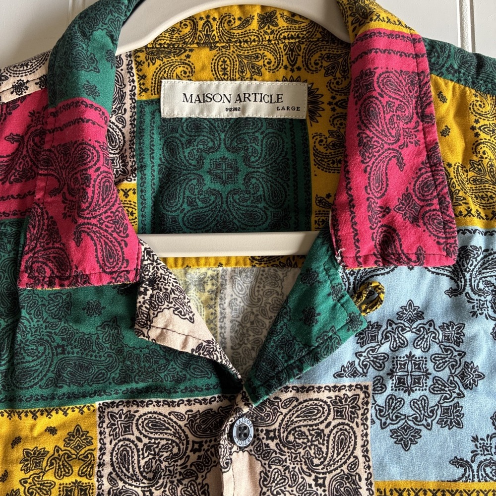 Maison Article Shirt Mens Paisley Color Block AOP SS Camp Collar Button Up Lg - Picture 6 of 16